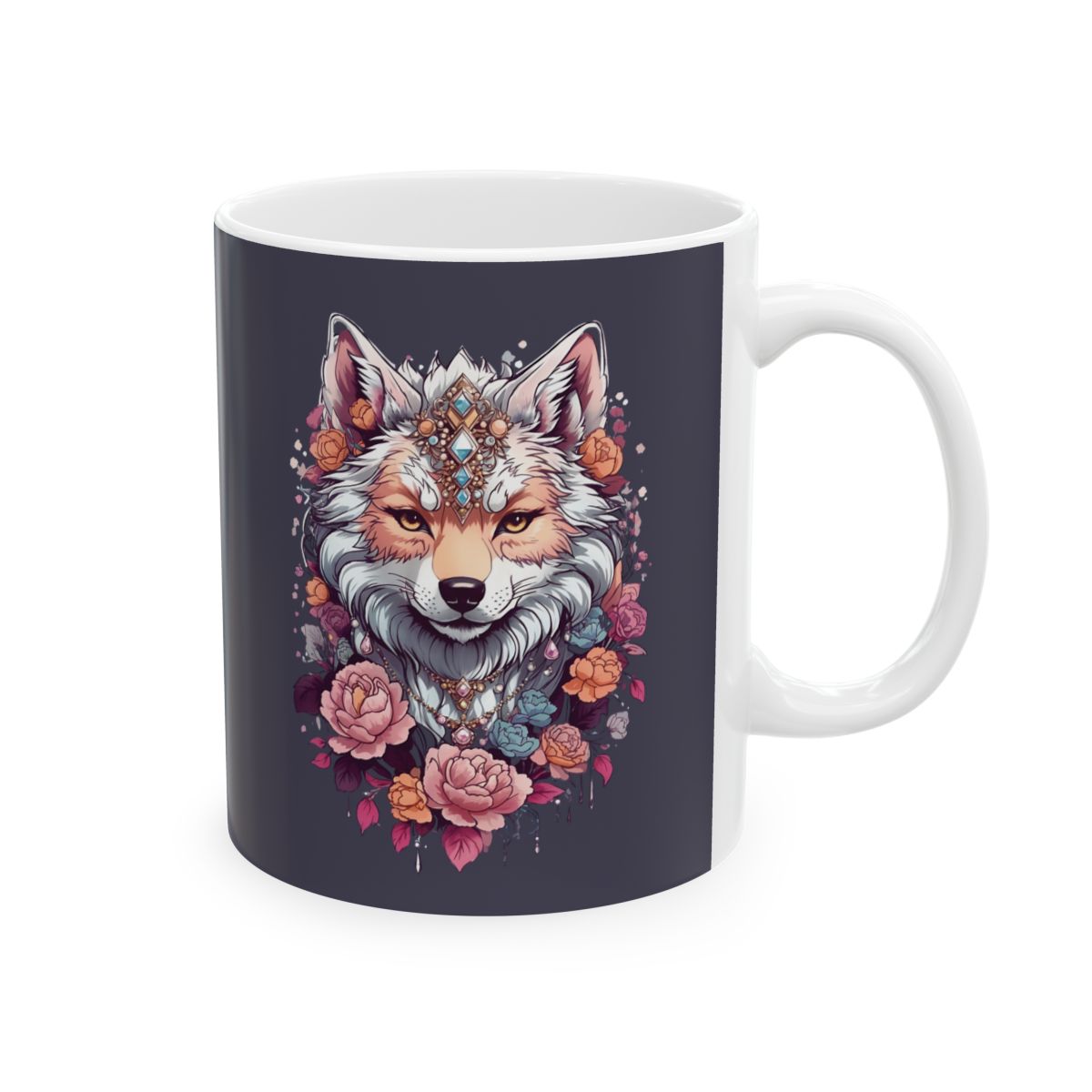 Mug with a colorful wolf design wearing jewelry and surrounded by flowers on a dark background