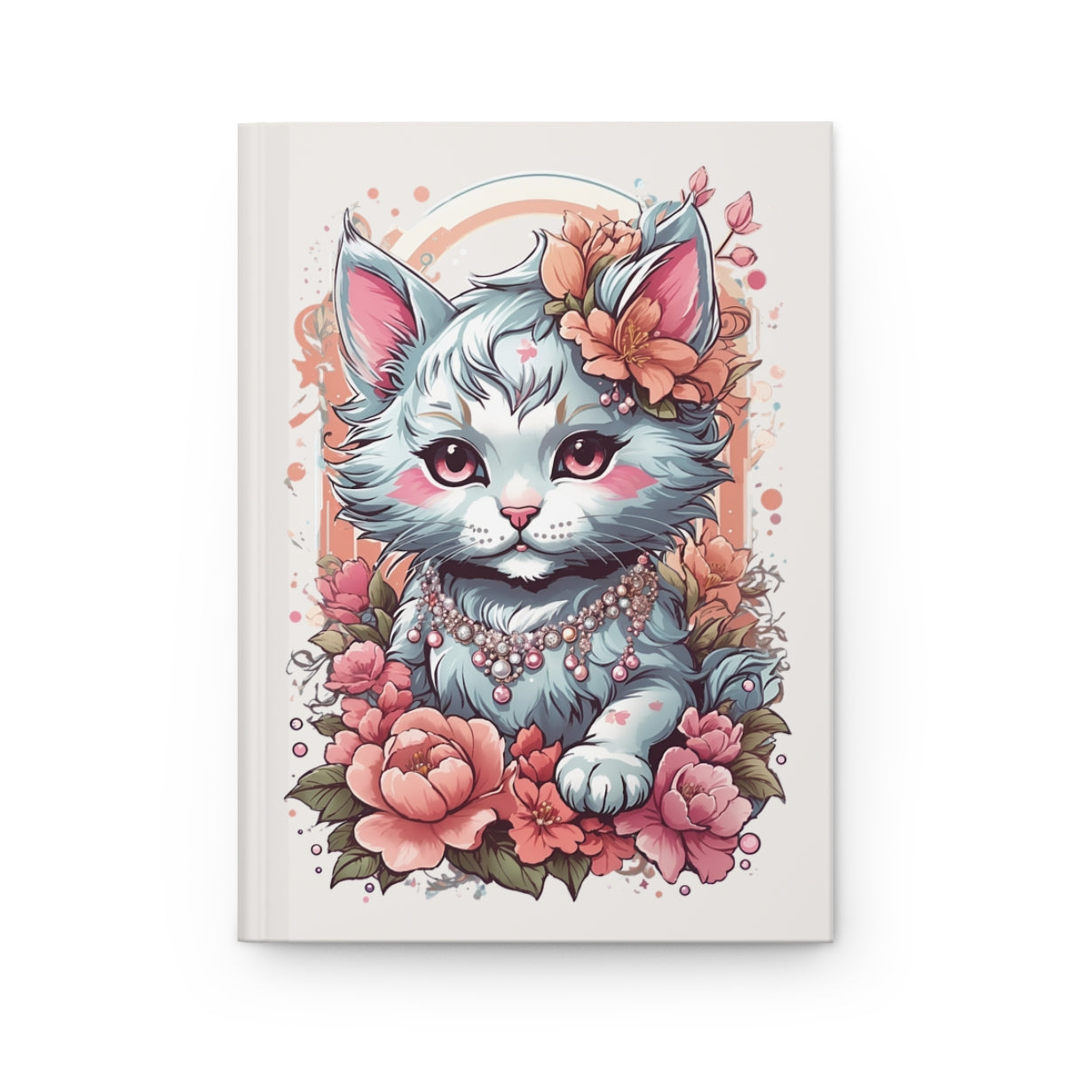 Journal with an Illustration of a girly kawaii aesthetic cat wearing jewelry with pastel colored floral decorations on a light background