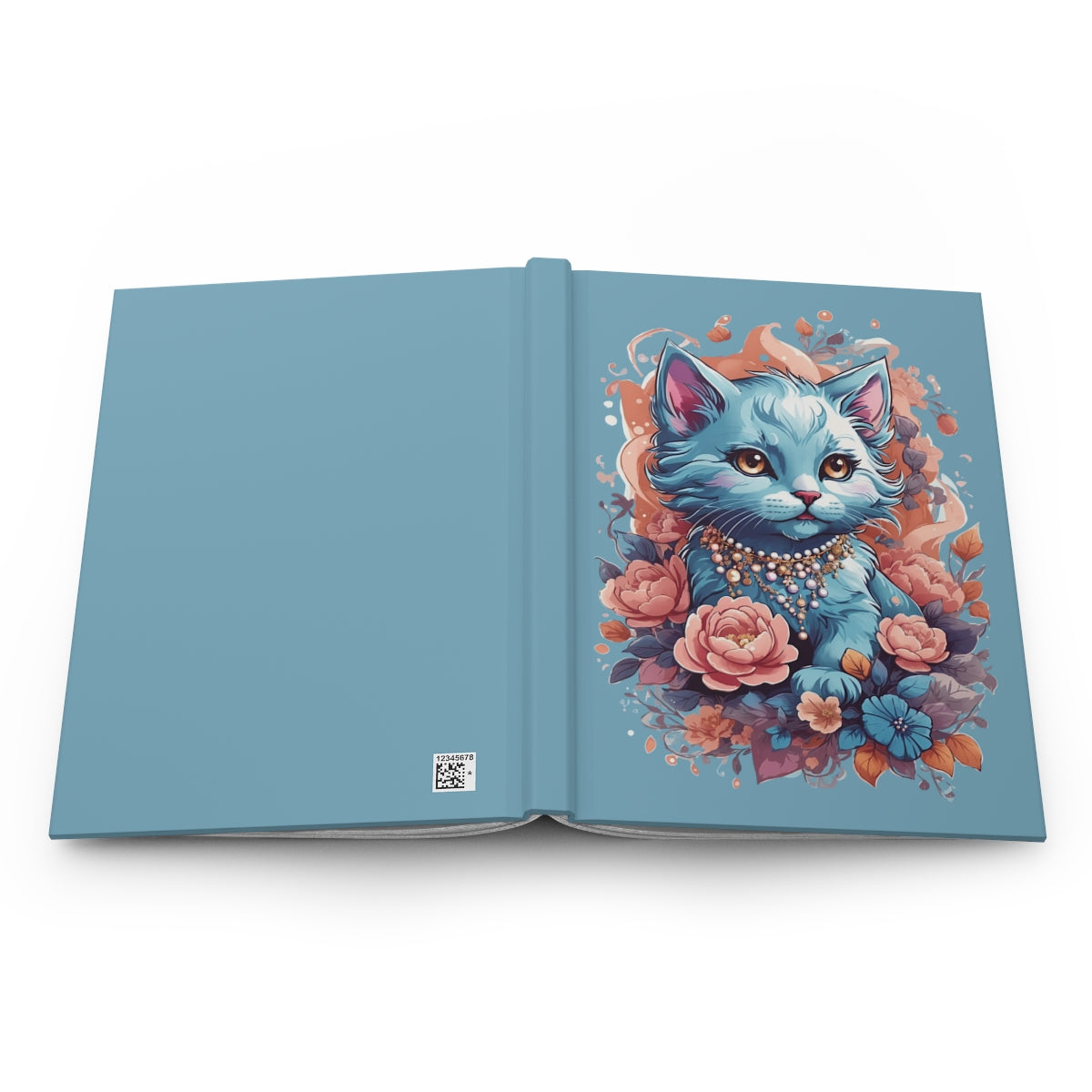 Open notebook with an illustration of a blue female cat wearing a statement necklace, surrounded by flowers on a blue background