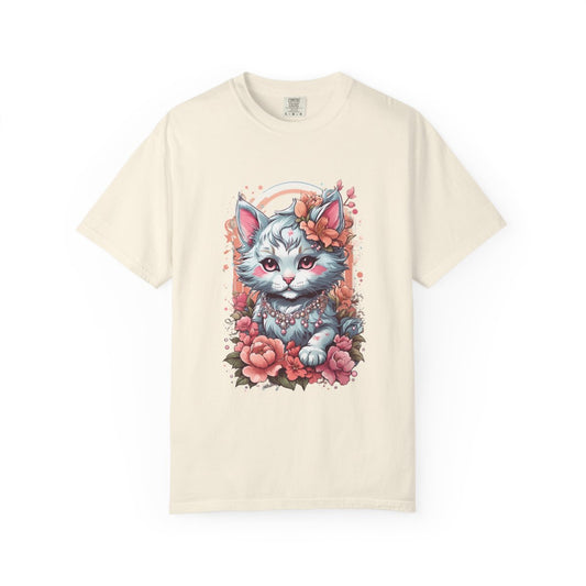 Beige t-shirt with a cute girly kitten wearing a necklace and floral design 