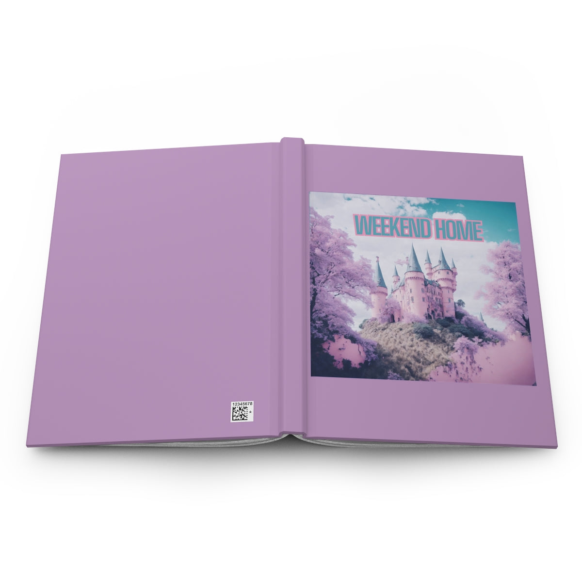 Pastel purple hardcover notebook, featuring a pink fairytale aesthetic castle on a hill surrounded by pink trees and a funny text "weekend home" written in pastel colors, on the cover.