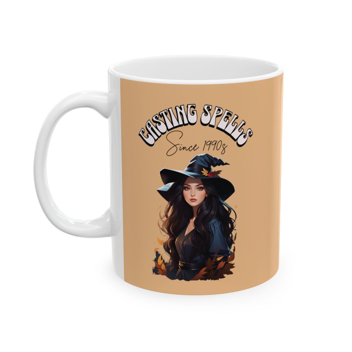 Mug with a witch design, autumn leaves and 'Casting Spells Since 1990s' text written in retro groovy style letters on a beige background