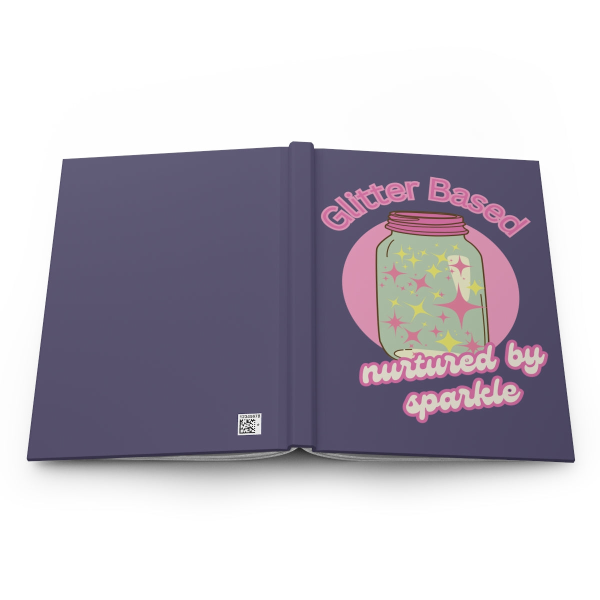 open hardcover notebook with a retro style illustration of a pastel mason jar filled with pink and yellow sparkle and retro aesthetic pink text "glitter based, nurtured by sparkle" on a purple background