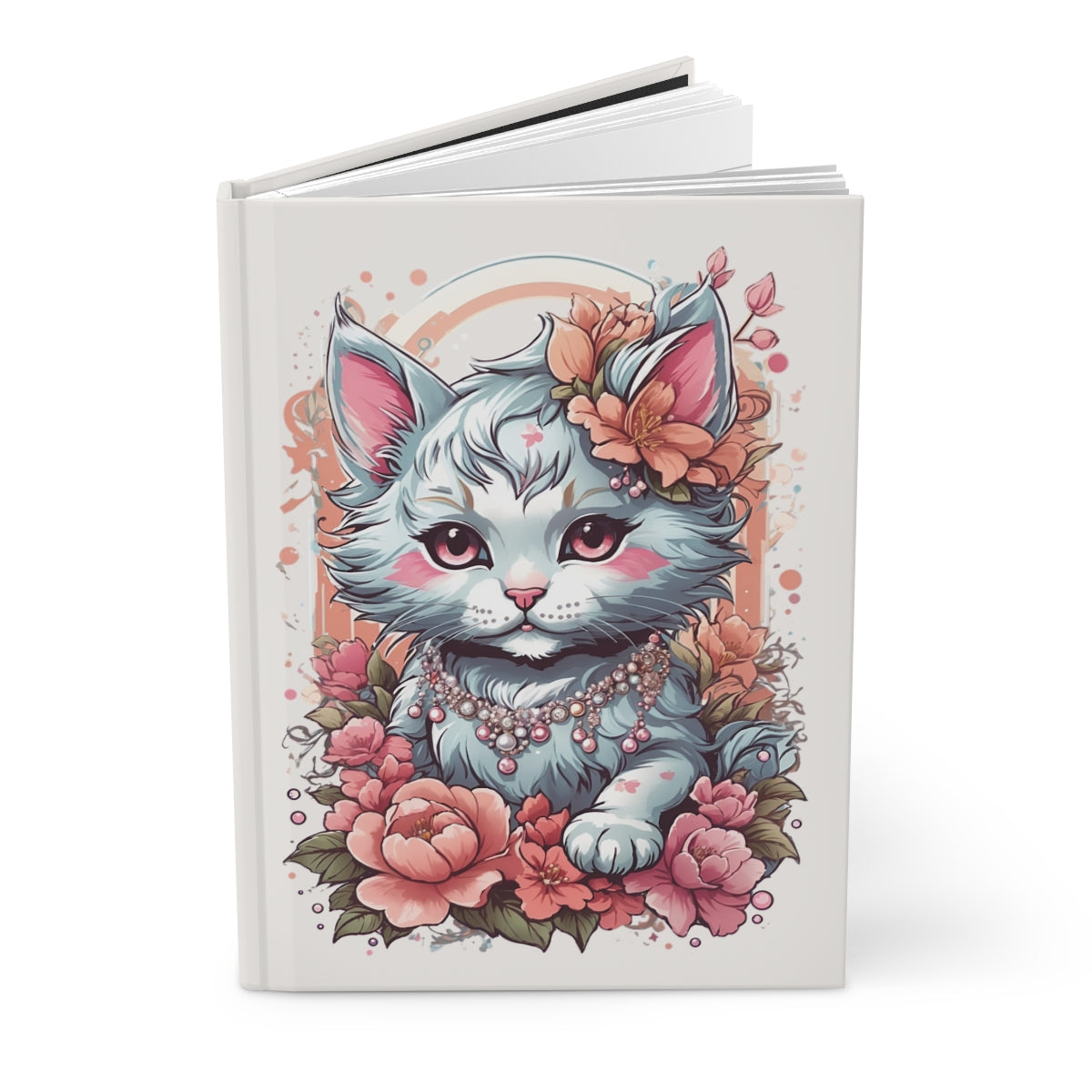 Journal with an Illustration of a girly kawaii style kitten wearing jewelry with pastel colored floral decorations on a light background