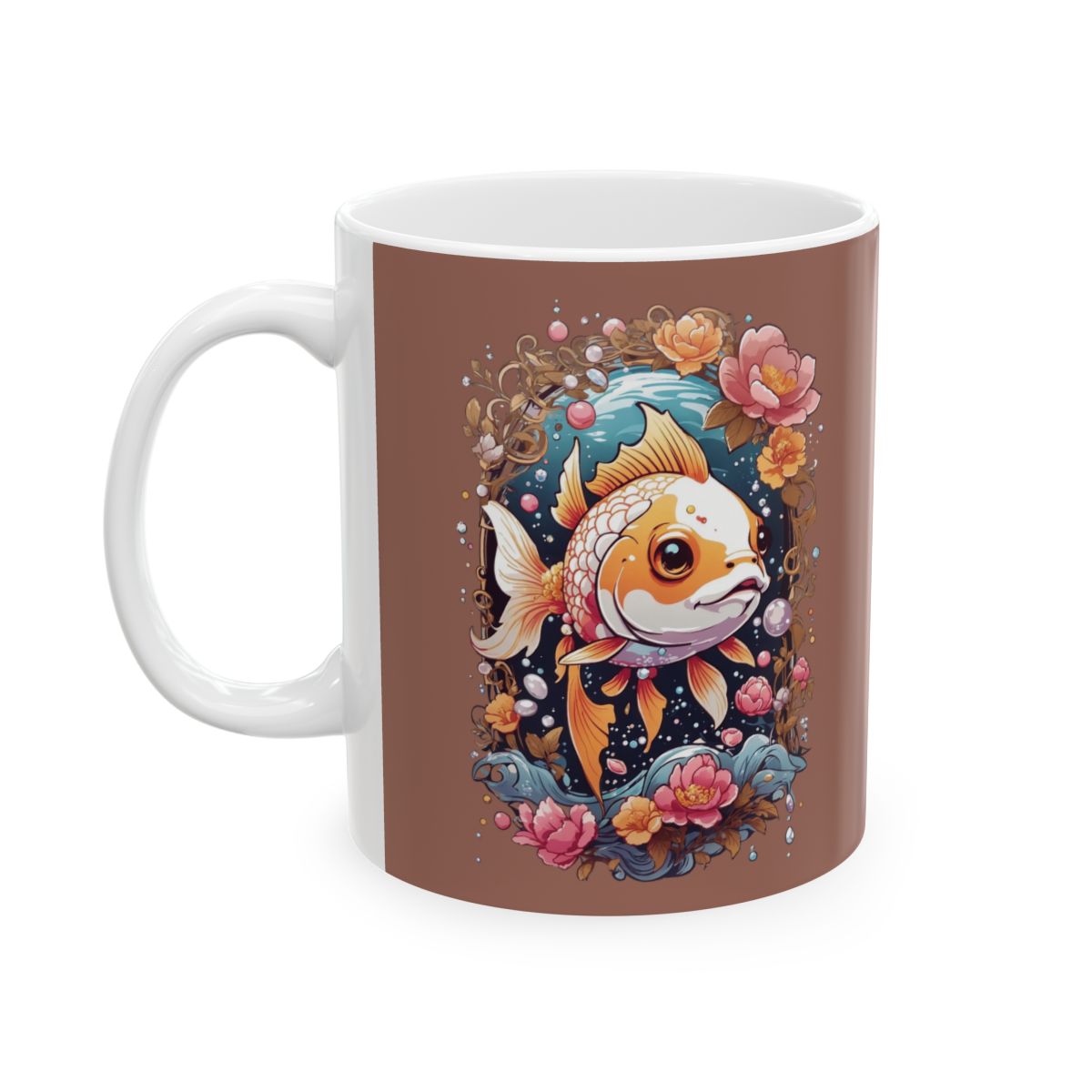 Mug with a colorful kawaii gold fish under the sea design on a brown background