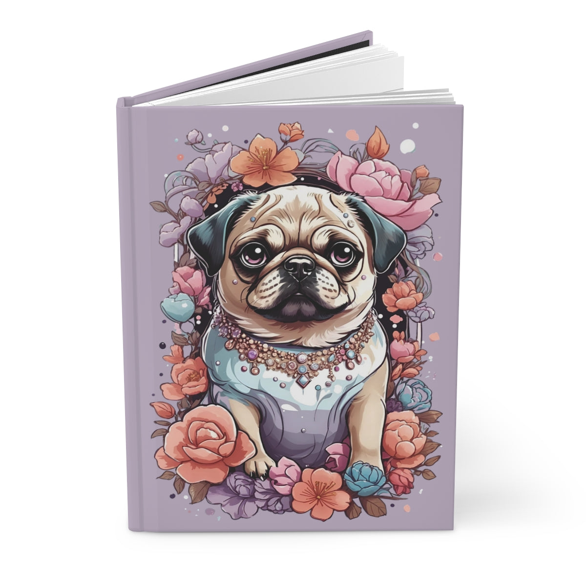 Pastel purple notebook with an Illustration of a pug puppy dressed, wearing a pastel colored crystal necklace surrounded by pastel colored flowers