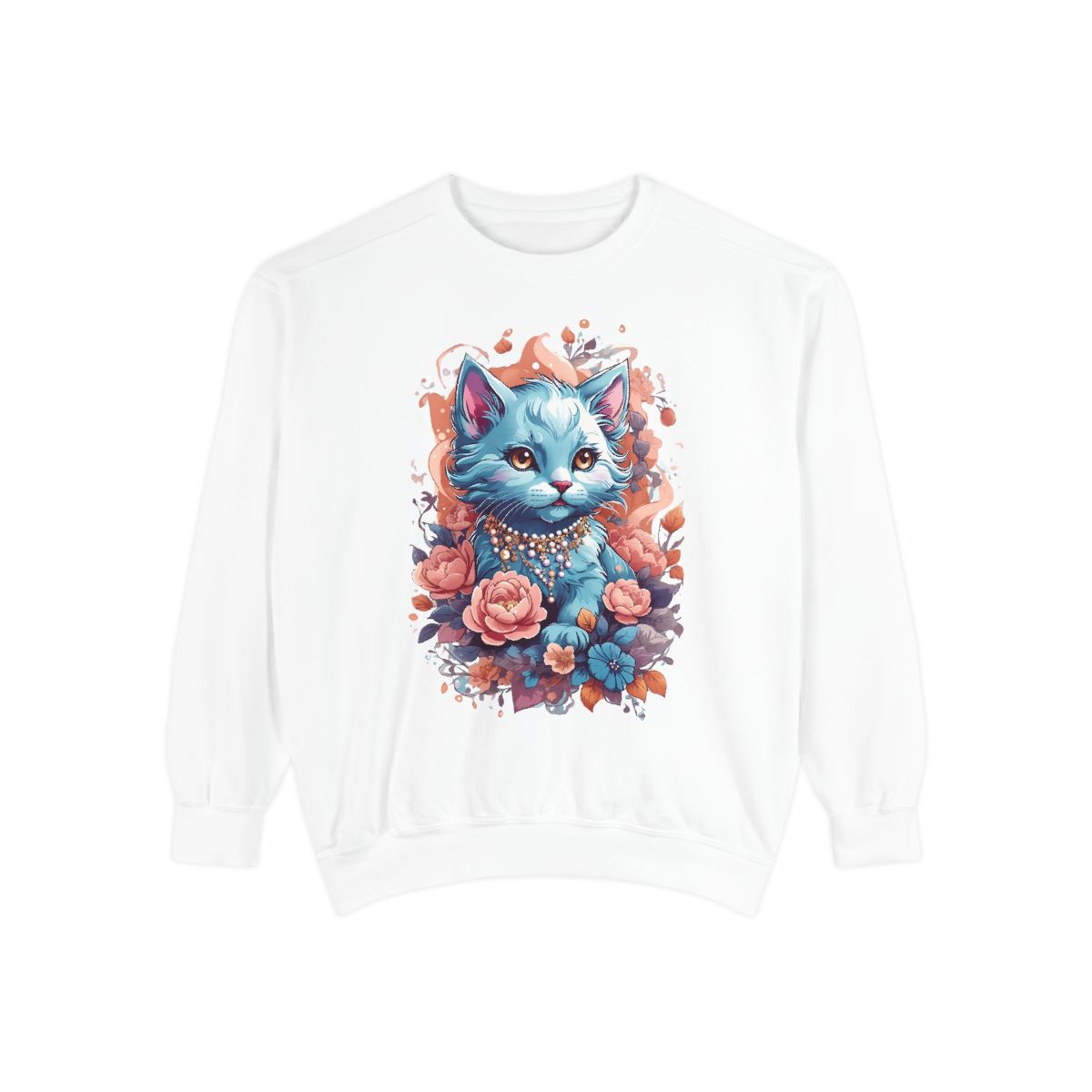 White sweatshirt with a blue kitten with jewels and flowers design 