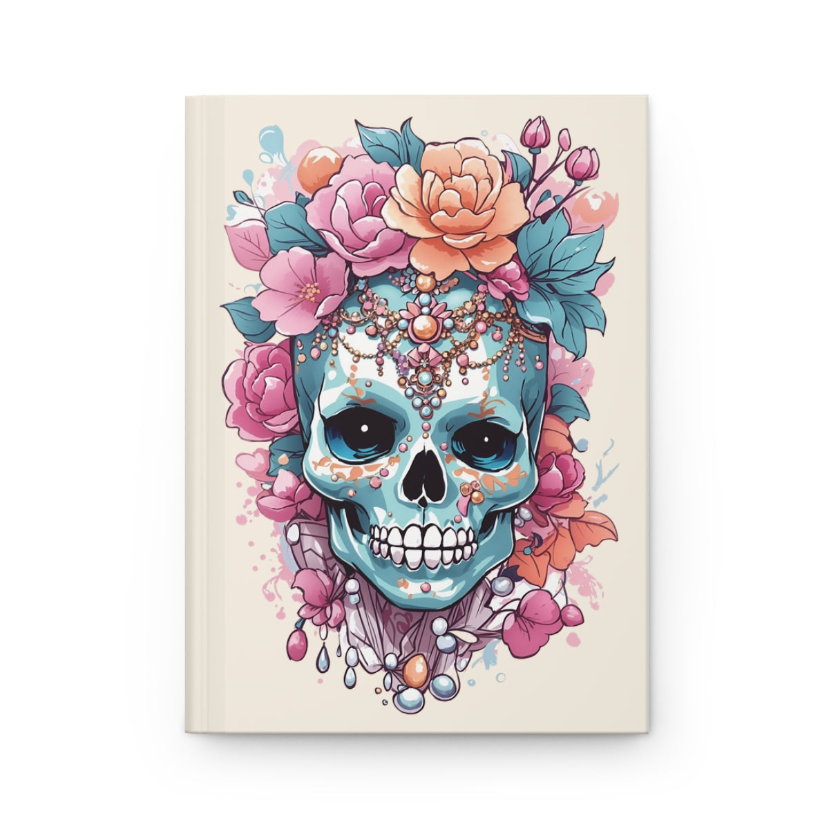 Journal cover with Pastel colored fashionable skull design with flowers and jewelry on a beige background