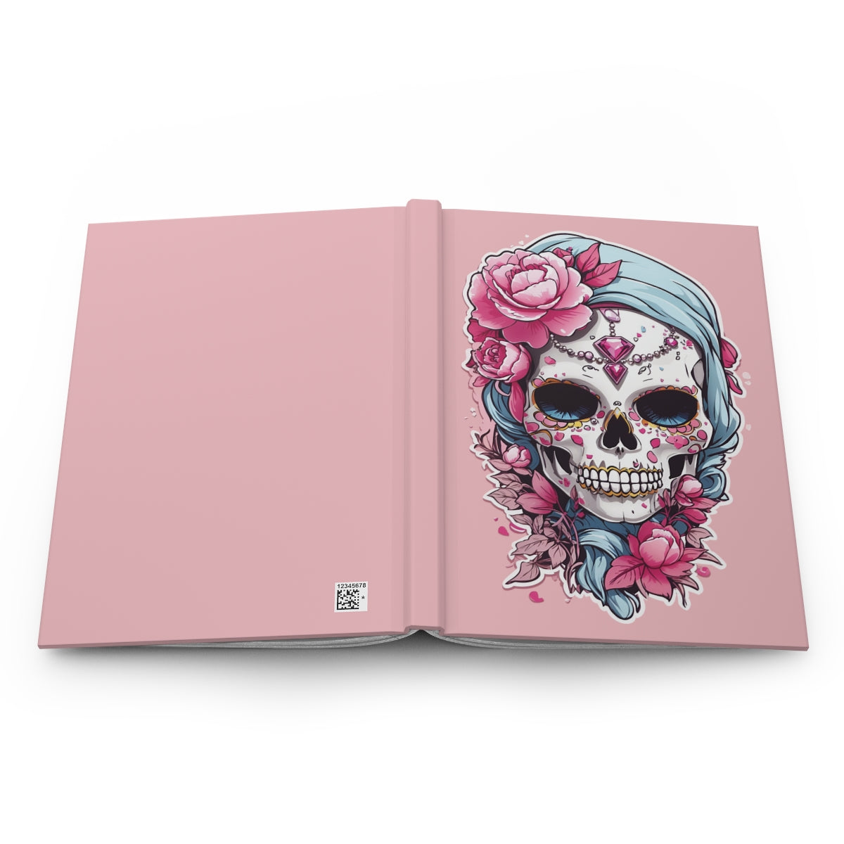 Open Pastel pink journal with an illustration of a Pastel colored skull accessorized fashionably with pink flowers and jewelry