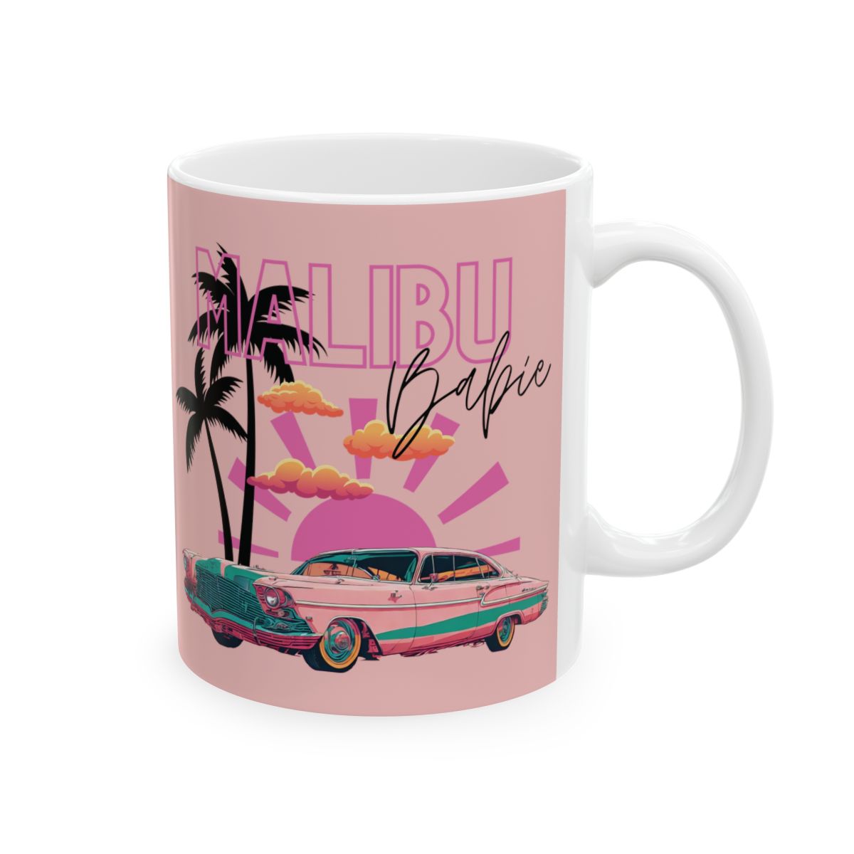 Pastel Pink mug with 'Malibu Babie' text with a design featuring a girly vintage car, palm trees, pastel clouds,  a pink sunset.