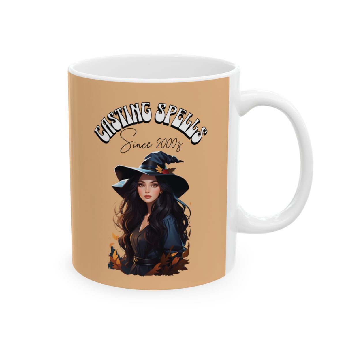 Mug with a witch design and retro groovy text 'Casting Spells Since 2000s' on a beige background