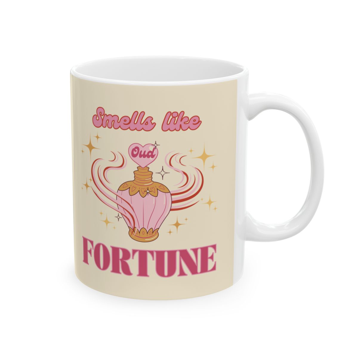 Mug with a design of a vintage style oud perfume bottle in pastel pink and pink retro style text 'Smells like fortune' on a light pastel yellow background