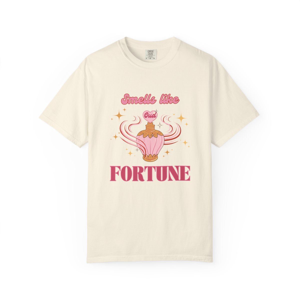 Beige t-shirt with a pastel pink retro style perfume bottle graphic and text 'Smells like Out of Fortune' 