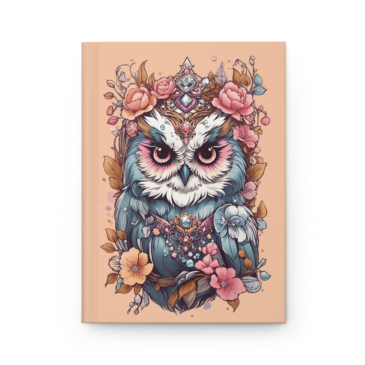 Pastel colored kawaii aesthetic owl illustration with flowers and jewels on a peach background