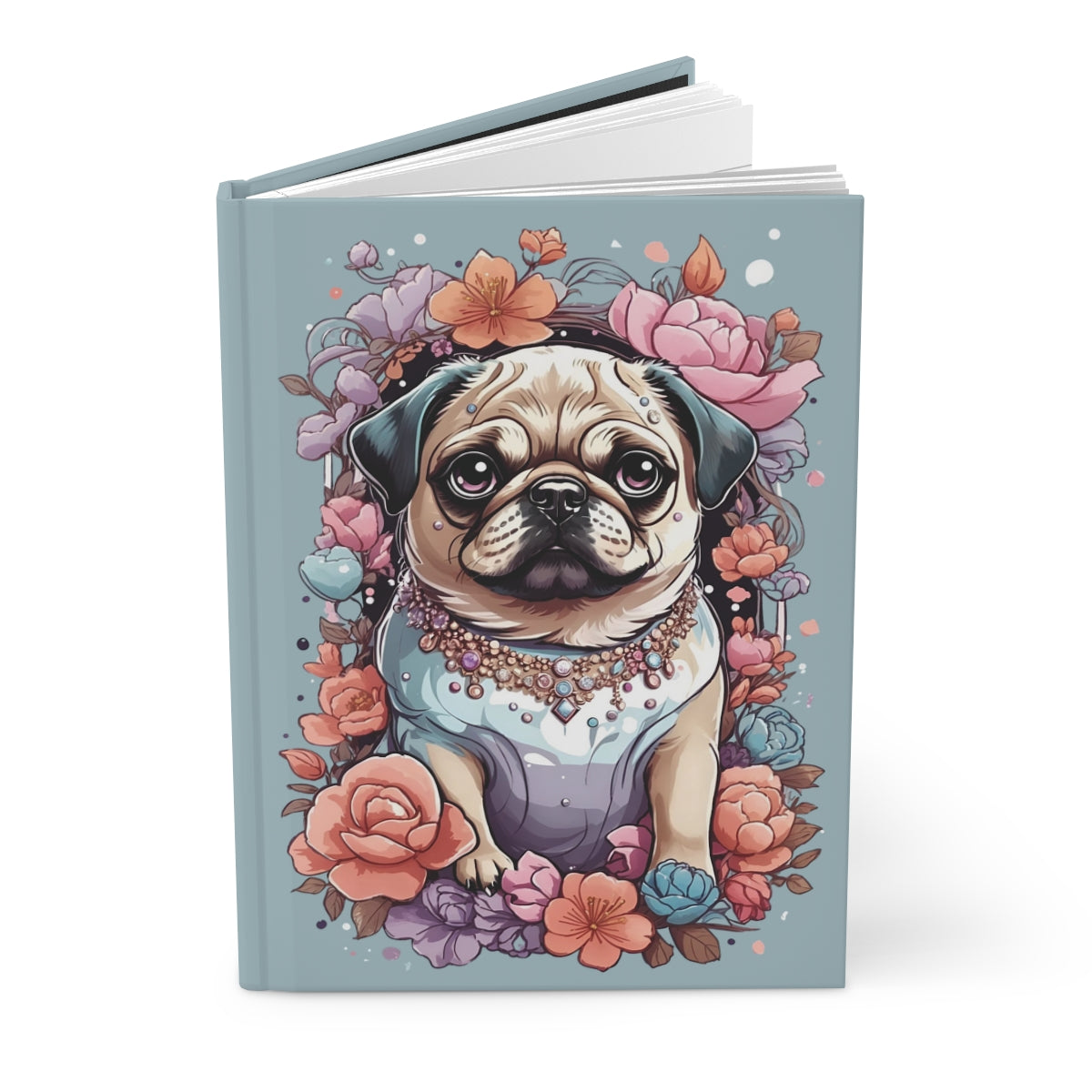 Notebook with a girly kawaii aesthetic pug illustration surrounded by pastel colored  flowers on a light blue background