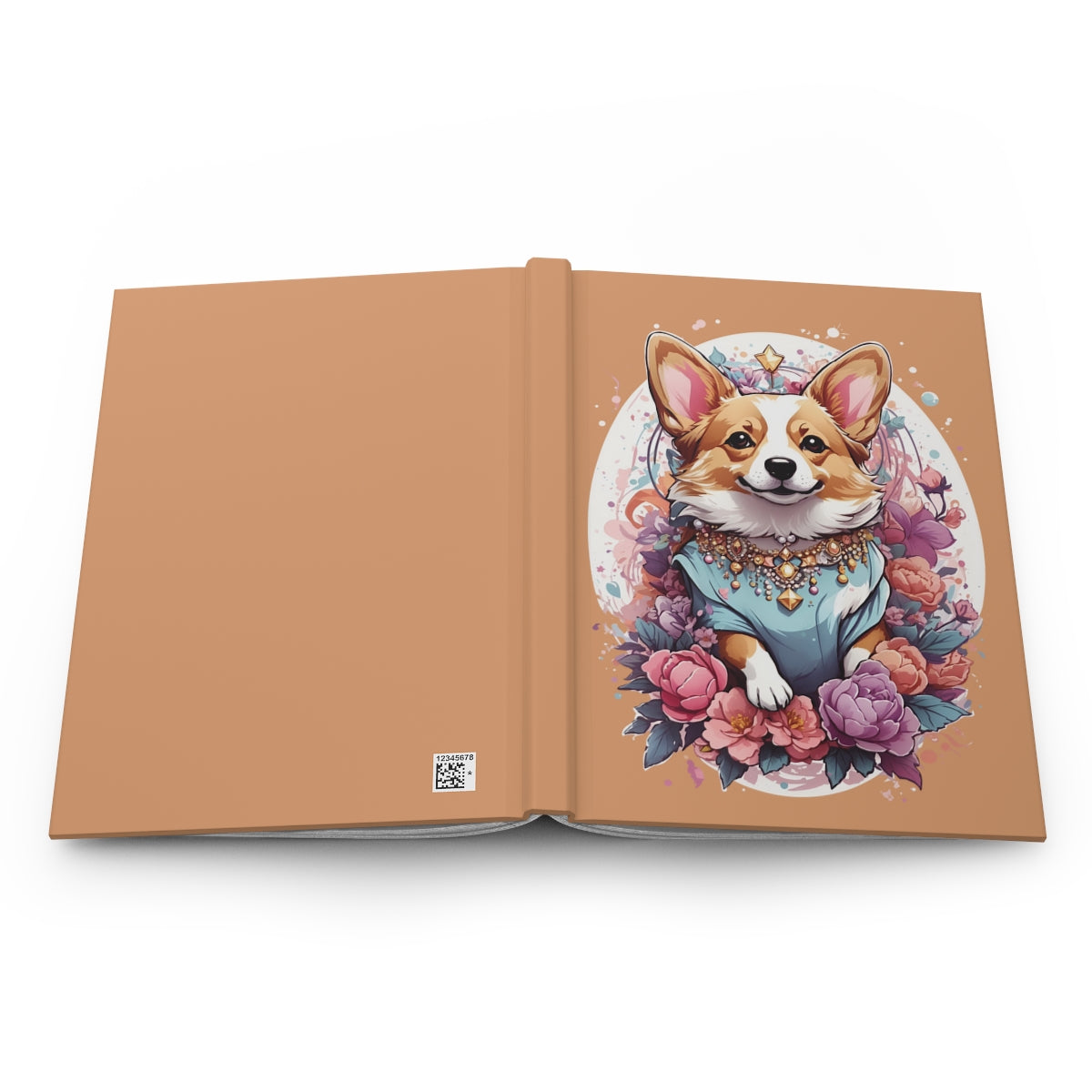 Open Notebook cover with an illustration of a kawaii aesthetic corgi dog dressed in regal aesthetic and jewelry surrounded by pastel colored flowers 