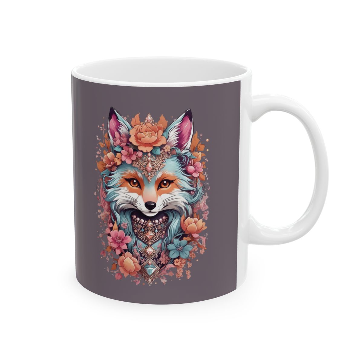 Mug with a colorful fox portrait, with flowers and jewelry