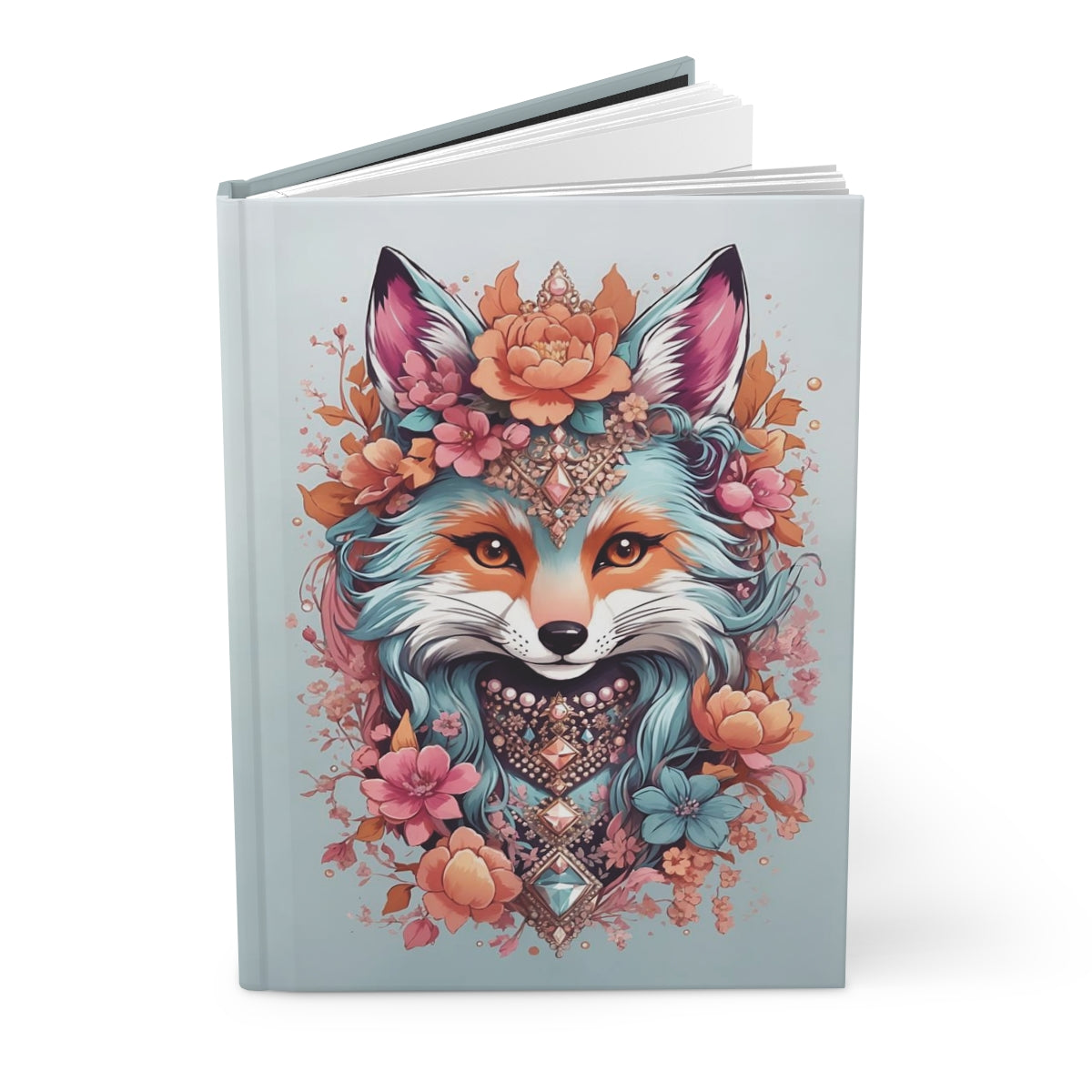 Light blue notebook with a colorful kawaii aesthetic fox design surrounded by vibrant colored flowers and jewels