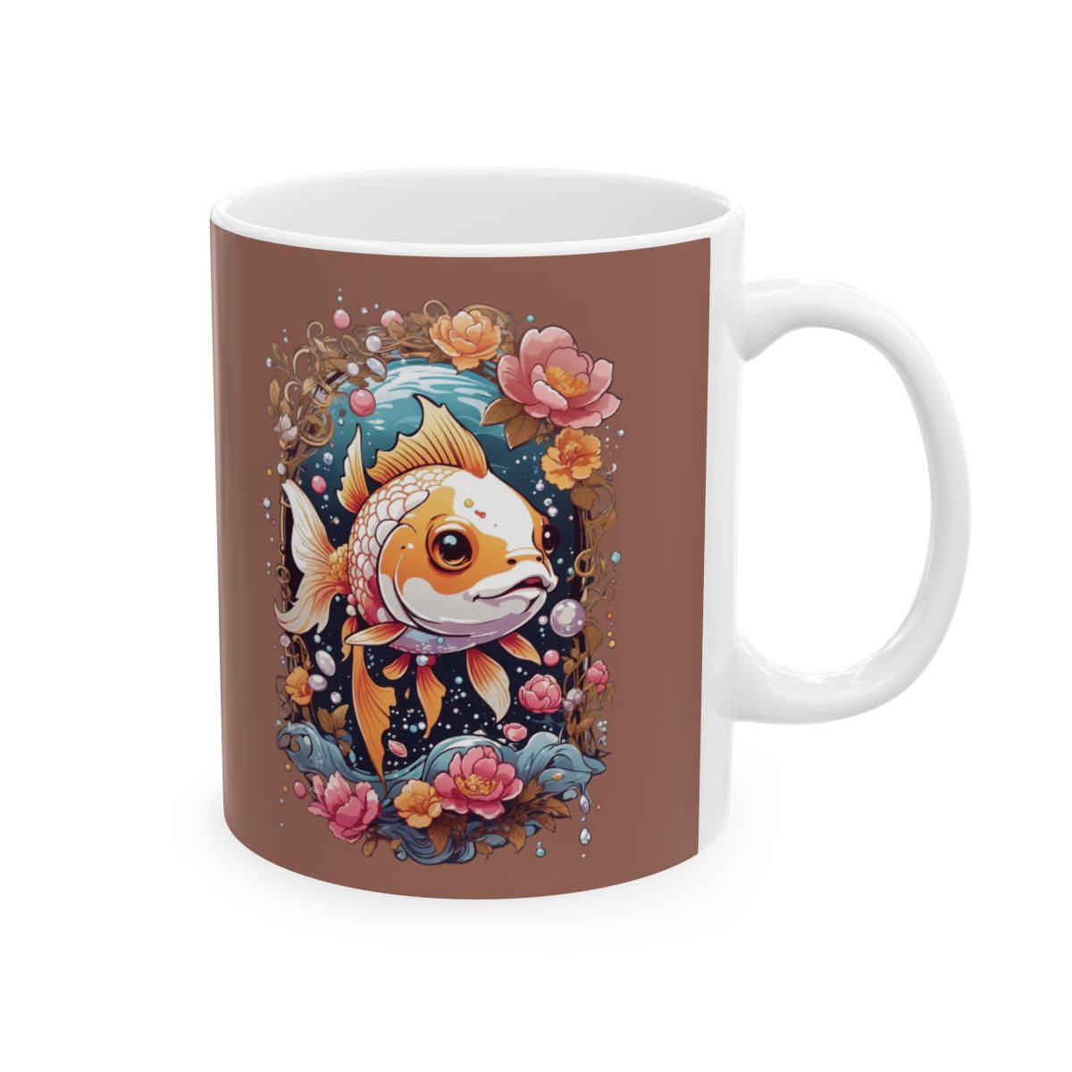 Brown mug with orange koi fish in the ocean surrounded by flowers design