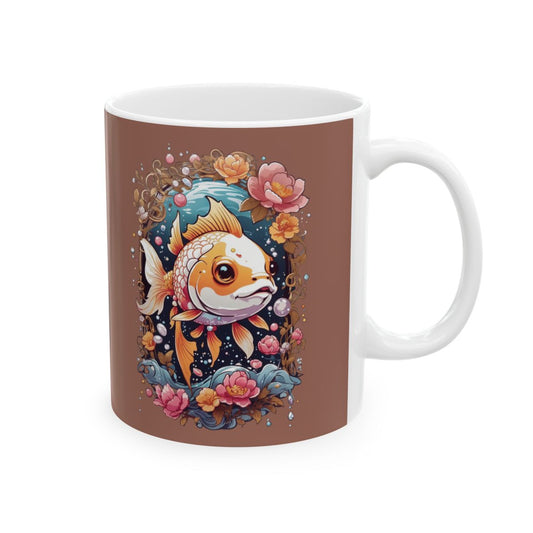 Brown mug with orange koi fish in the ocean surrounded by flowers design