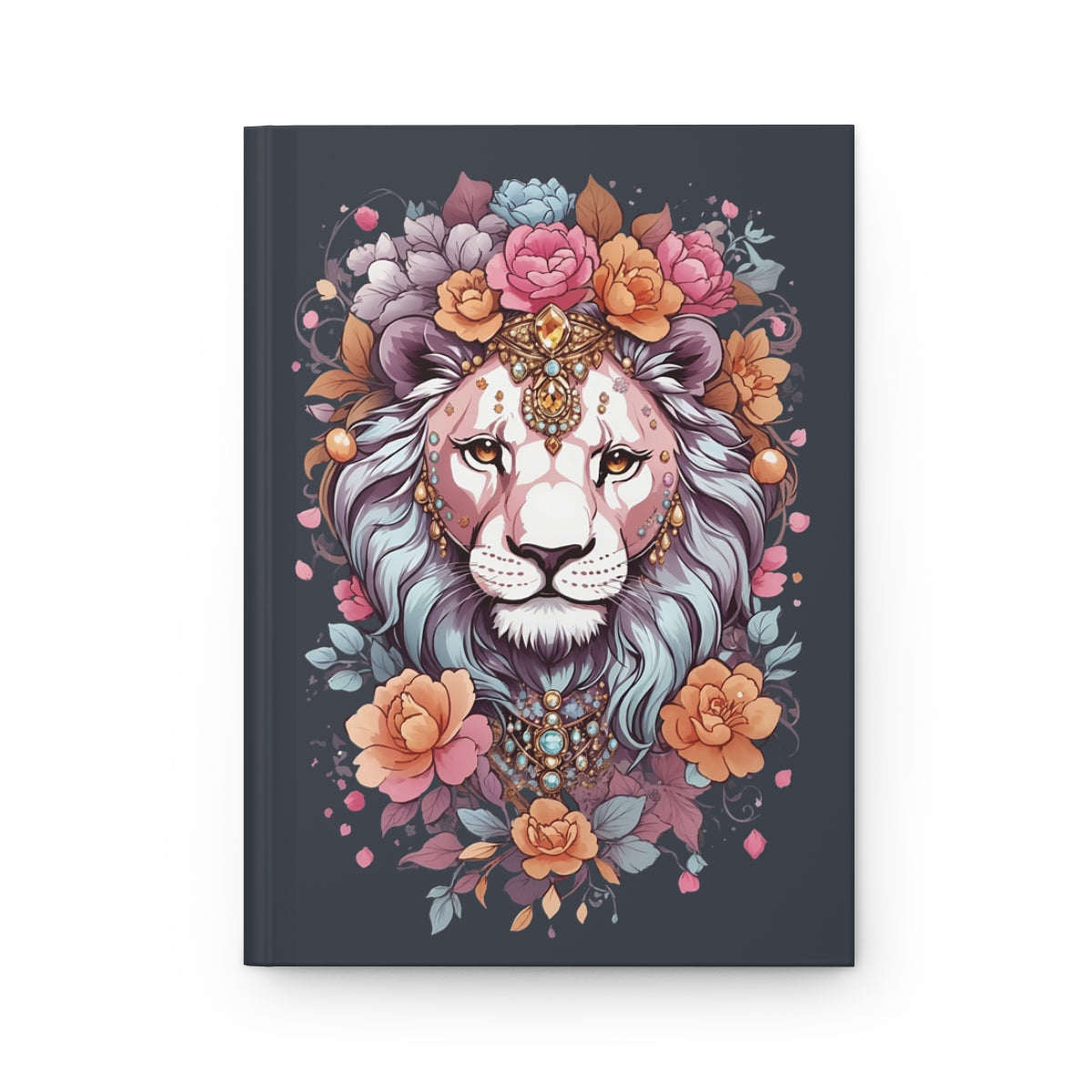 Hardcover journal with pastel colored kawaii style lioness accessorized with jewelry and flowers illustration 
