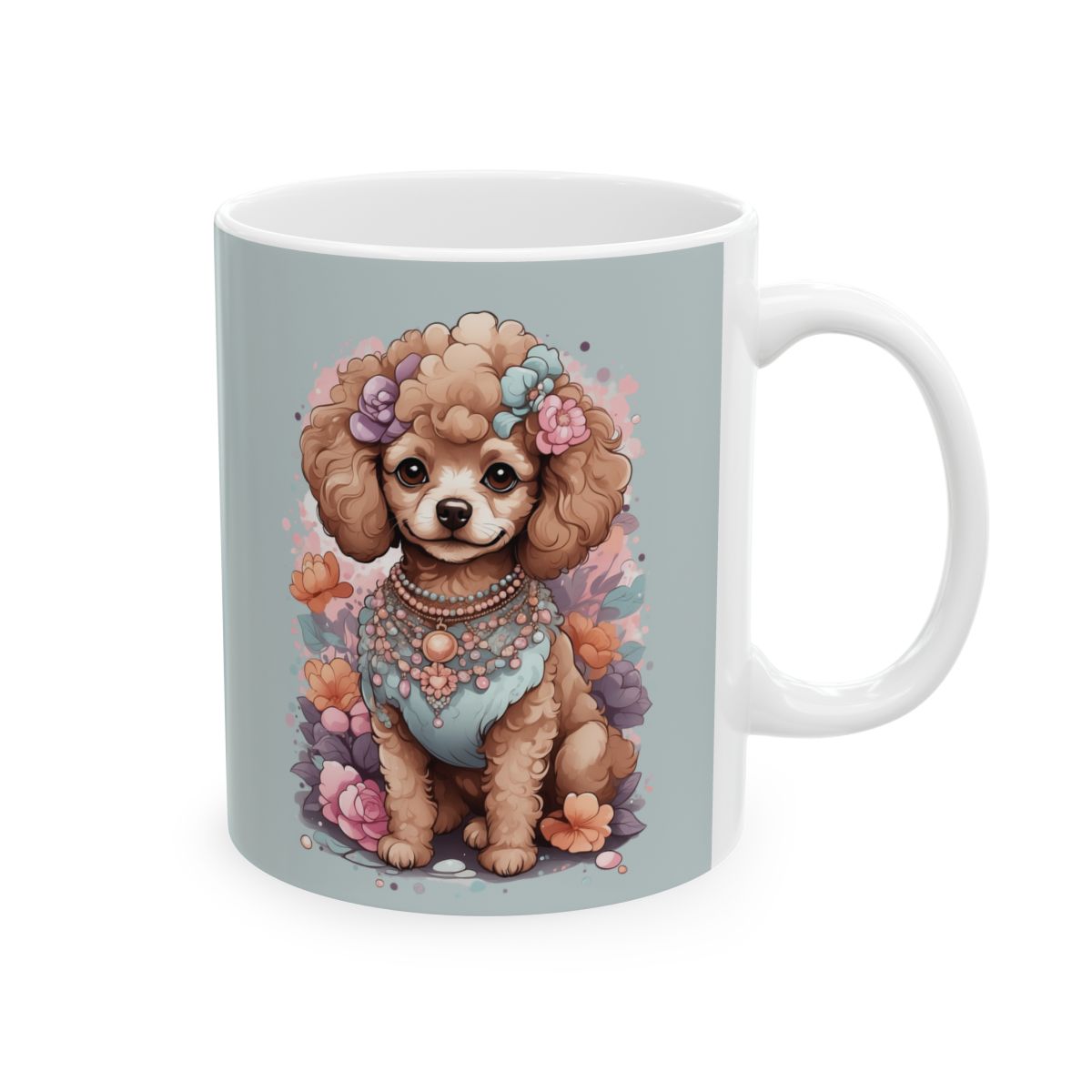 Pastel ice blue Mug with a kawaii style illustration of a poodle wearing lots of jewelry and flowers on her head. she is also surrounded by pastel colored flowers