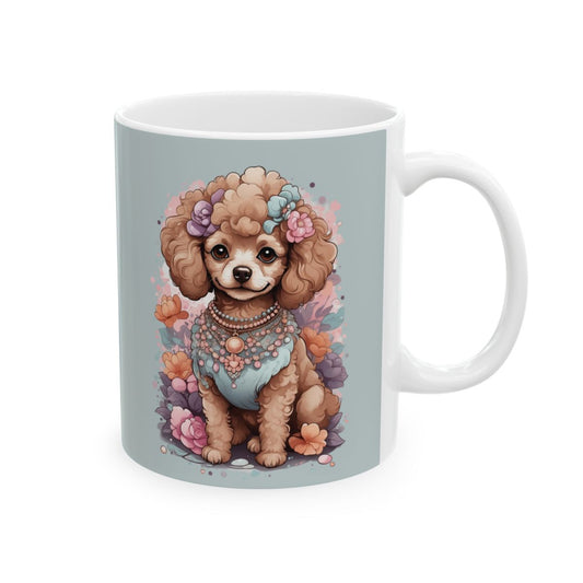 Pastel ice blue Mug with a kawaii style illustration of a poodle wearing lots of jewelry and flowers on her head. she is also surrounded by pastel colored flowers