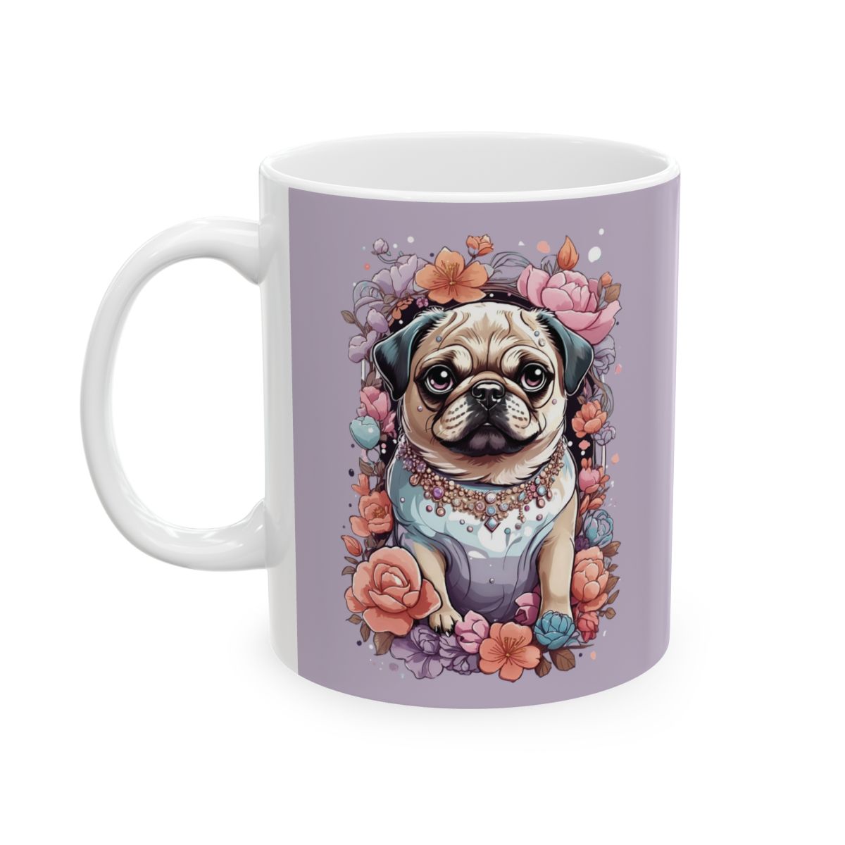 Mug with a kawaii style pug illustration wearing a necklace, surrounded by flowers on a light purple background
