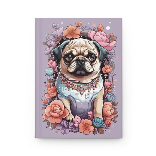 Light purple journal with an Illustration of a pug dog dressed for a party, wearing a necklace surrounded by pastel colored  flowers