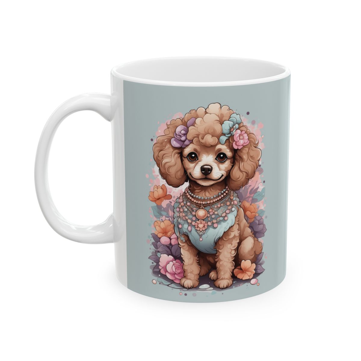 Pastel ice blue Mug with a kawaii style illustration of a poodle wearing lots of jewelry and flowers on her head. she is also surrounded by pastel colored flowers