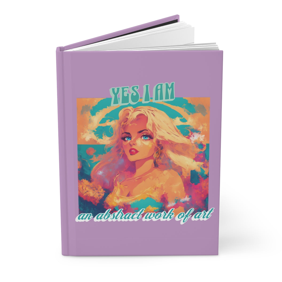 Pastel purple Notebook with a cover featuring an illustration of a  very beautiful blonde girl with blue eyes, long blonde hair, an abstract design in the background and retro aesthetic text "Yes I am an abstract work of art"