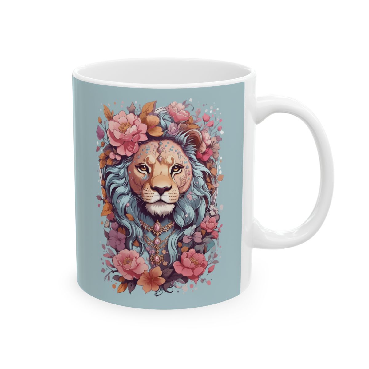 pastel blue mug with a colorful lioness wearing lots of jewelry and flowers design 