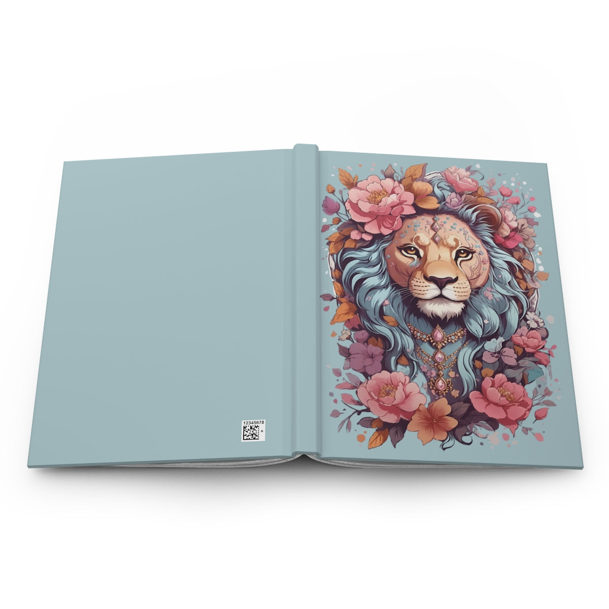 Open Baby blue notebook with an illustration of a  pastel colored kawaii style lioness wearing lots of gemstone necklaces and flowers