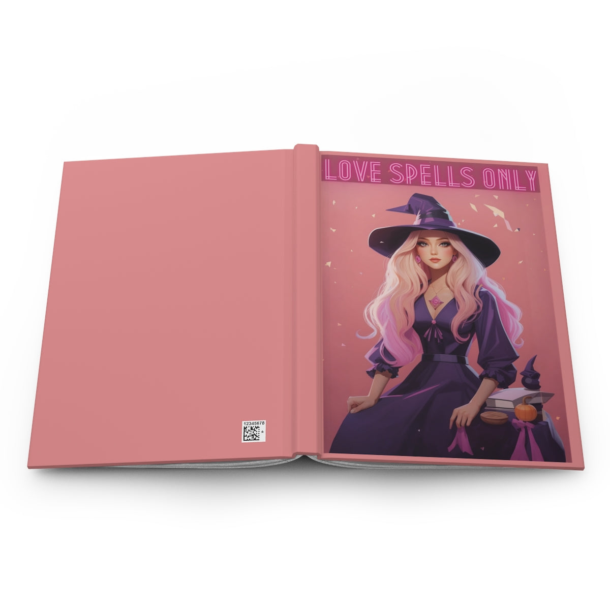 Open notebook with a cover featuring an illustration of a blonde witch dressed in purple and 'Love Spells Only' text in neon pink letters on a peachy pink background.