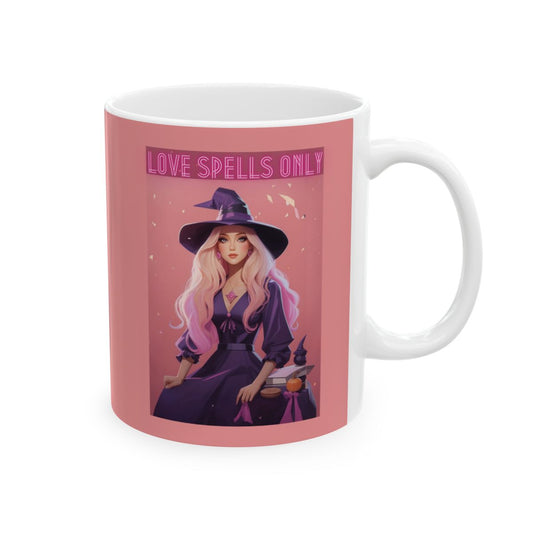 Pink Mug with a blonde witch graphic and 'Love Spells Only' text in neon pink letters on a pink background
