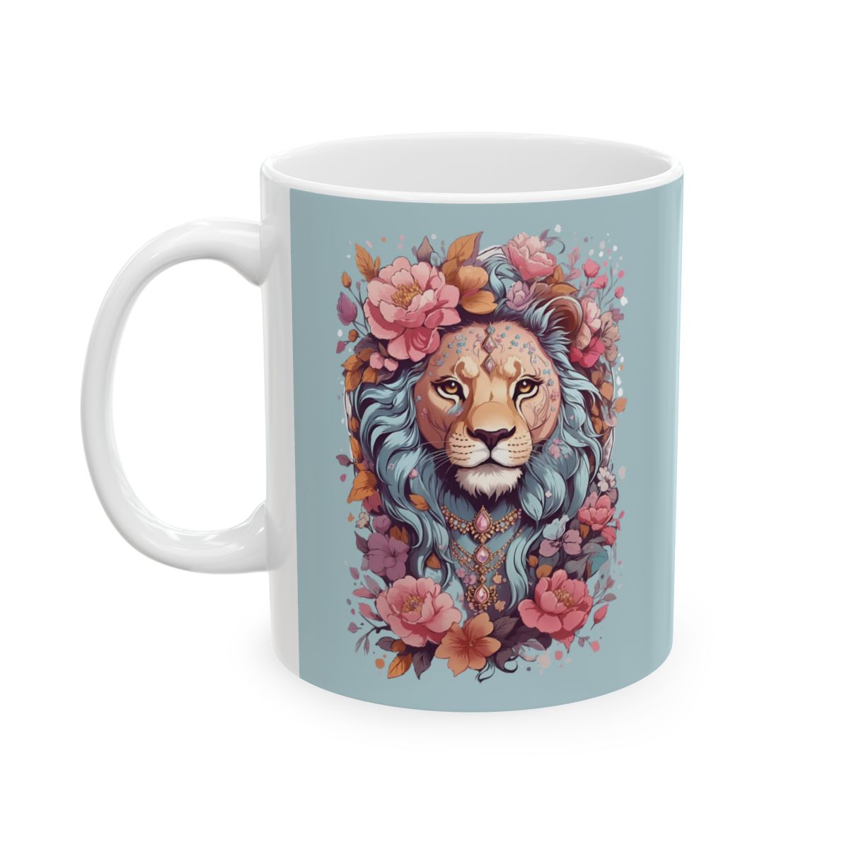 pastel blue mug with a colorful lioness wearing lots of jewelry and flowers design 