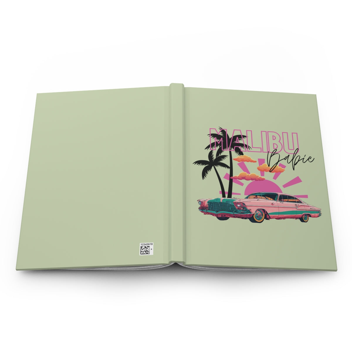 Open hardcover notebook with a 'Malibu Babie' design featuring palm trees, sunset, cotton candy clouds and a vintage pastel pink car on a pastel green background.