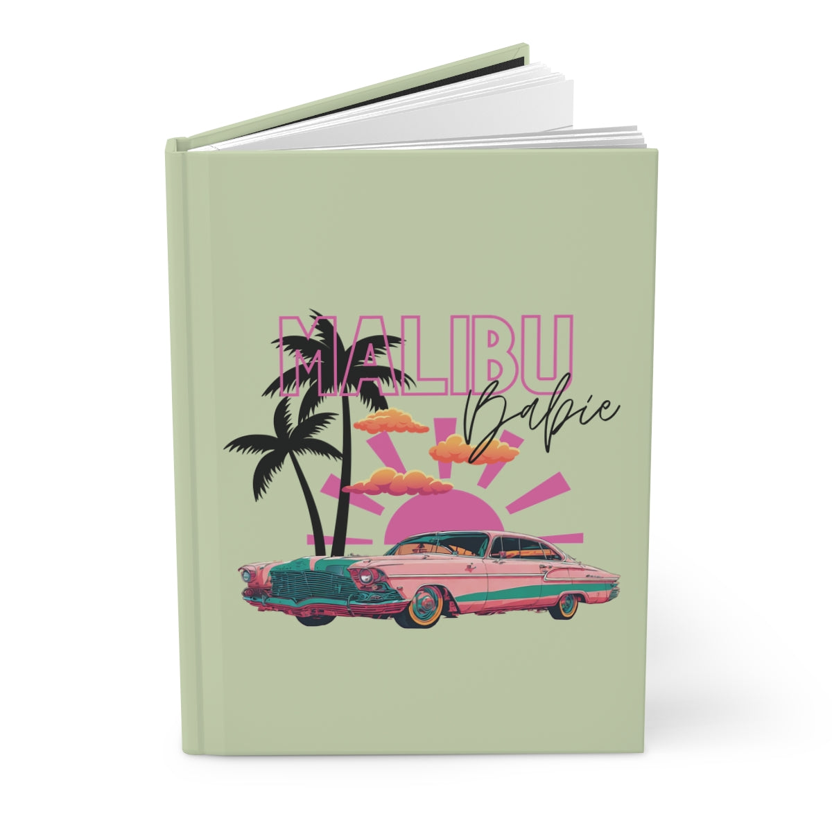 NoteBook cover with 'Malibu Babie' text, palm trees, pink and pastel orange colored sunset, and a pink vintage car design on a light pastel green background.