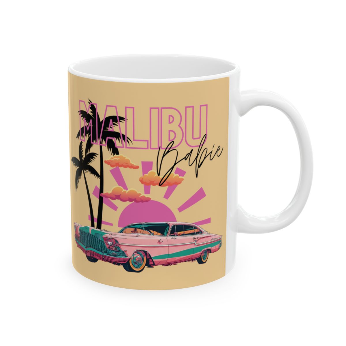 Pastel yellow Mug with 'Malibu Babie' text and a design featuring a vintage pink convertible car, palm trees, and sunset.