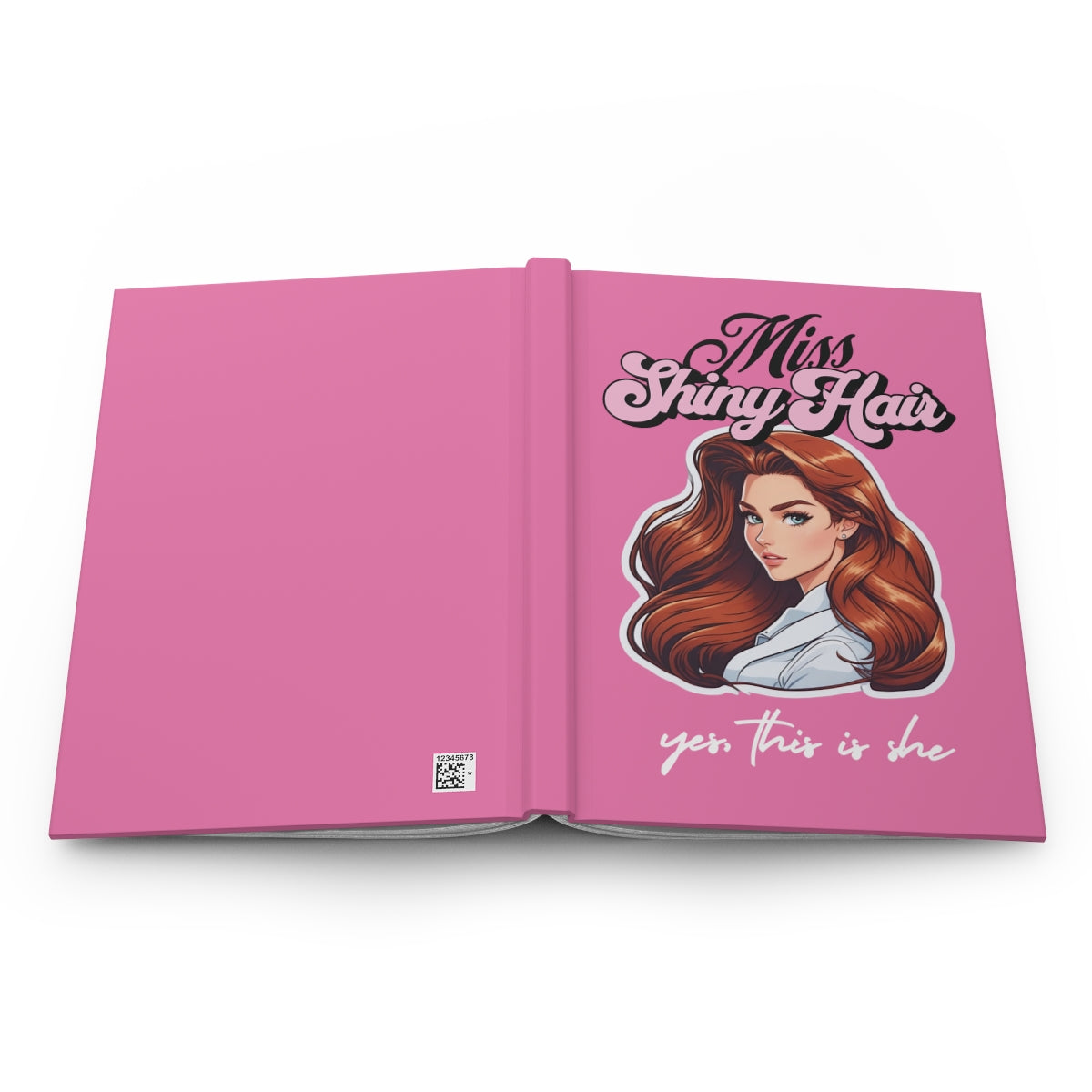 open hot pink Notebook with a 90s aesthetic illustration of a young brunette girl with a bombshell blowout hair and 'Miss Shiny Hair' text in light pink retro aesthetic letters