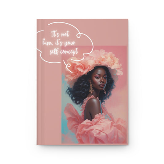 Peachy pink book cover with a woman in a pink dress and floral headpiece, funny text about manifesting an sp 'It's not him, it's your self concept' on a pink background.