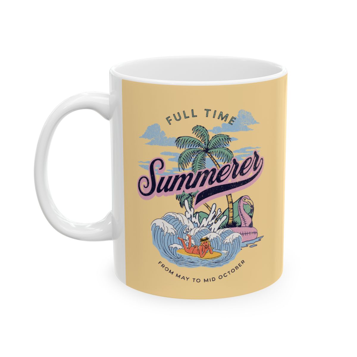 Mug with 'Full Time Summerer' text written with retro letters, design featuring a surfer blonde girl, palm trees and beach elements on a pastel yellow background.