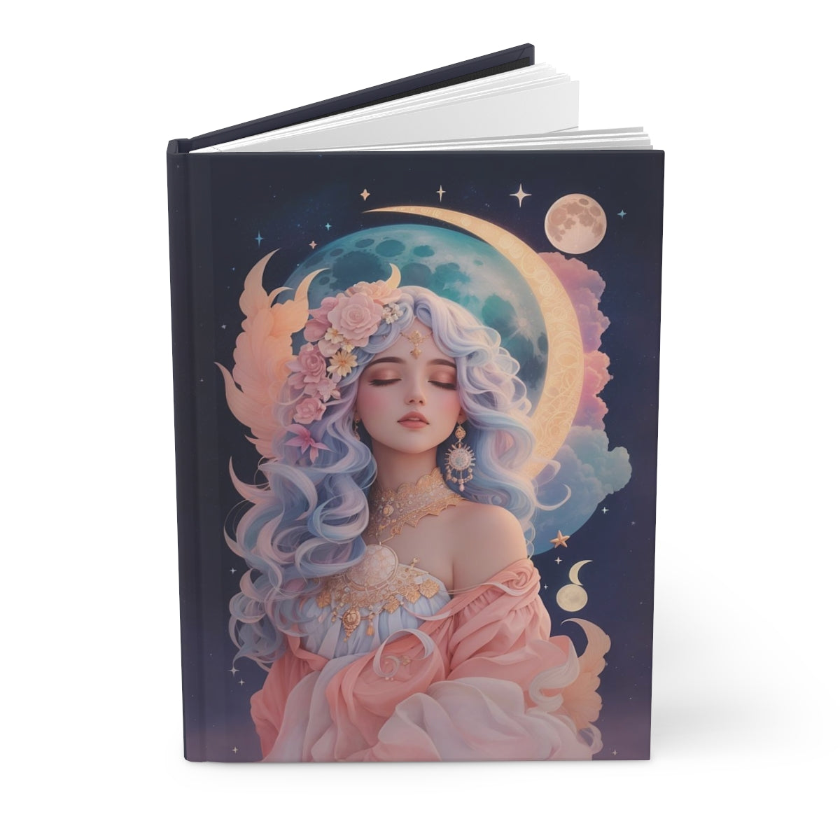 Notebook with a fantasy design of a young woman with long hair  dressed like a greek goddess in pastels and pastel colored celestial elements on the cover.