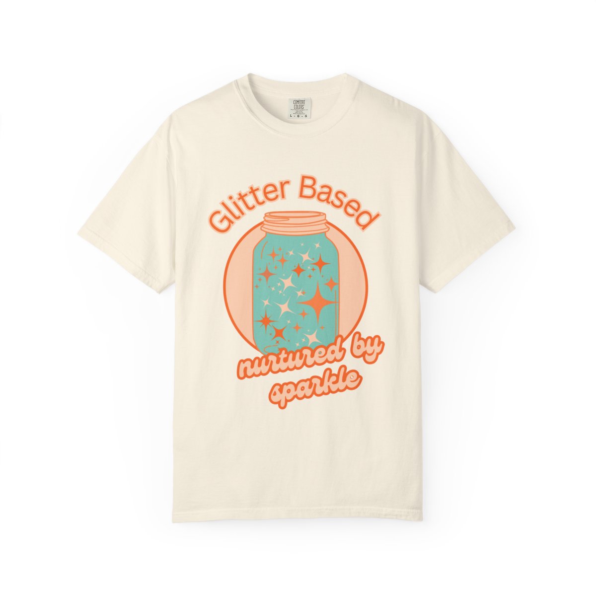 Beige t-shirt with an orange and mint colored graphic design of a jar and retro style text 