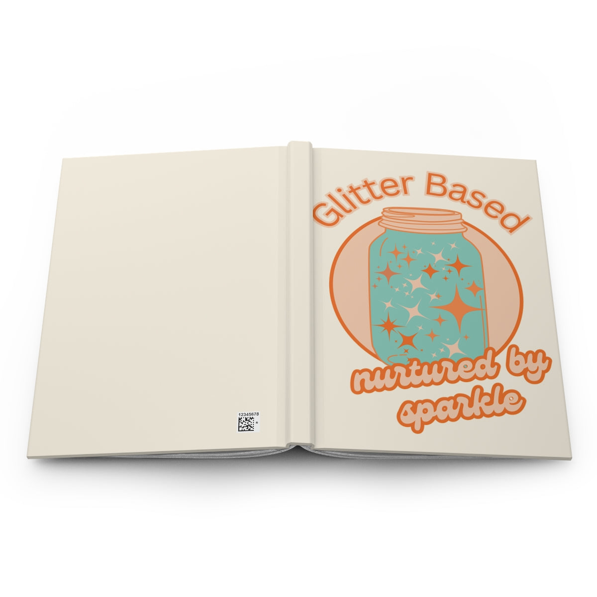 Open hardcover Journal with a retro mason jar design in orange and mint color filled with orange colored sparkle  and retro aesthetic orange text 'Glitter Based, Nurtured by Sparkle' 