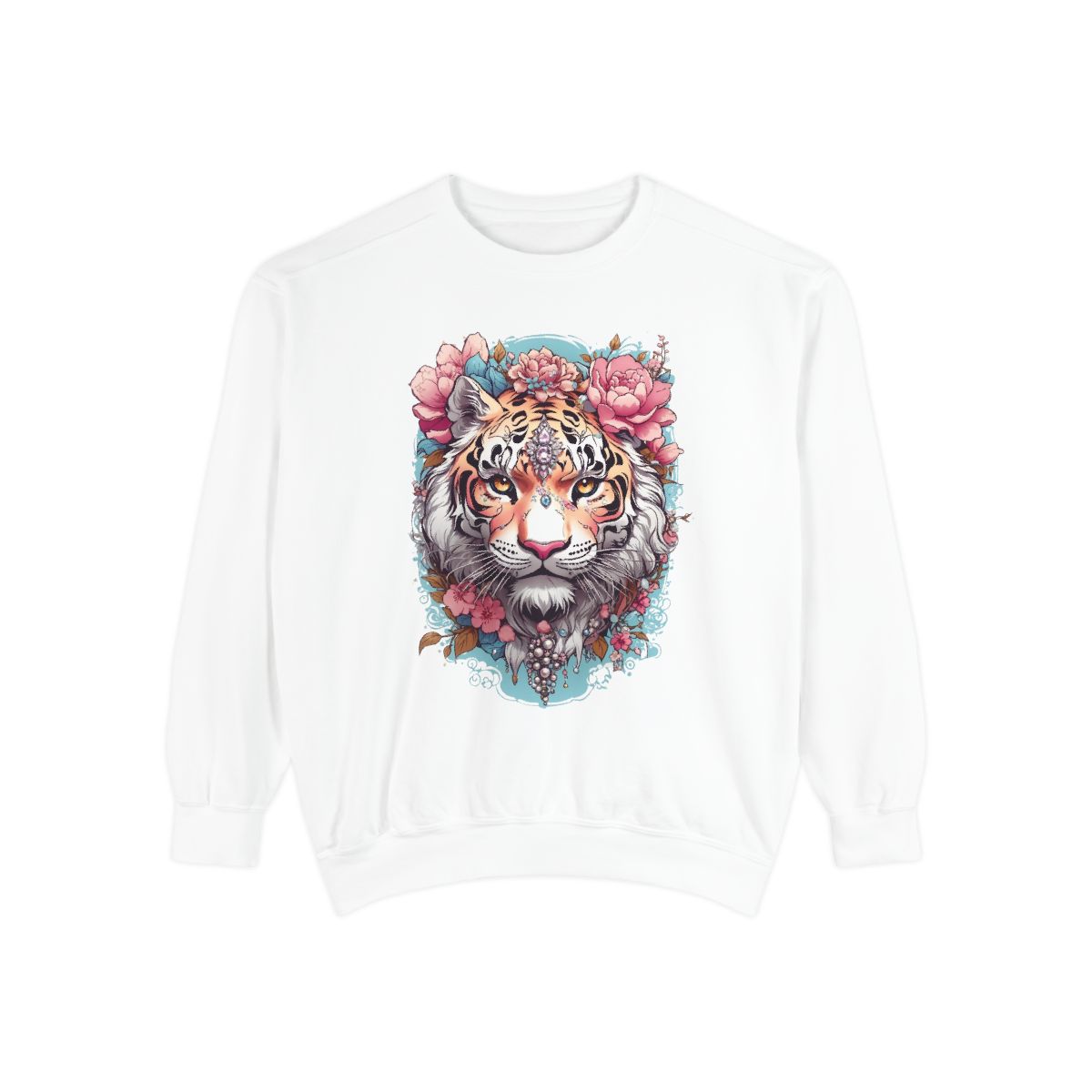 White sweatshirt with a pastel colored  tiger and floral design on a white background
