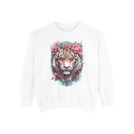 White sweatshirt with a pastel colored  tiger and floral design on a white background