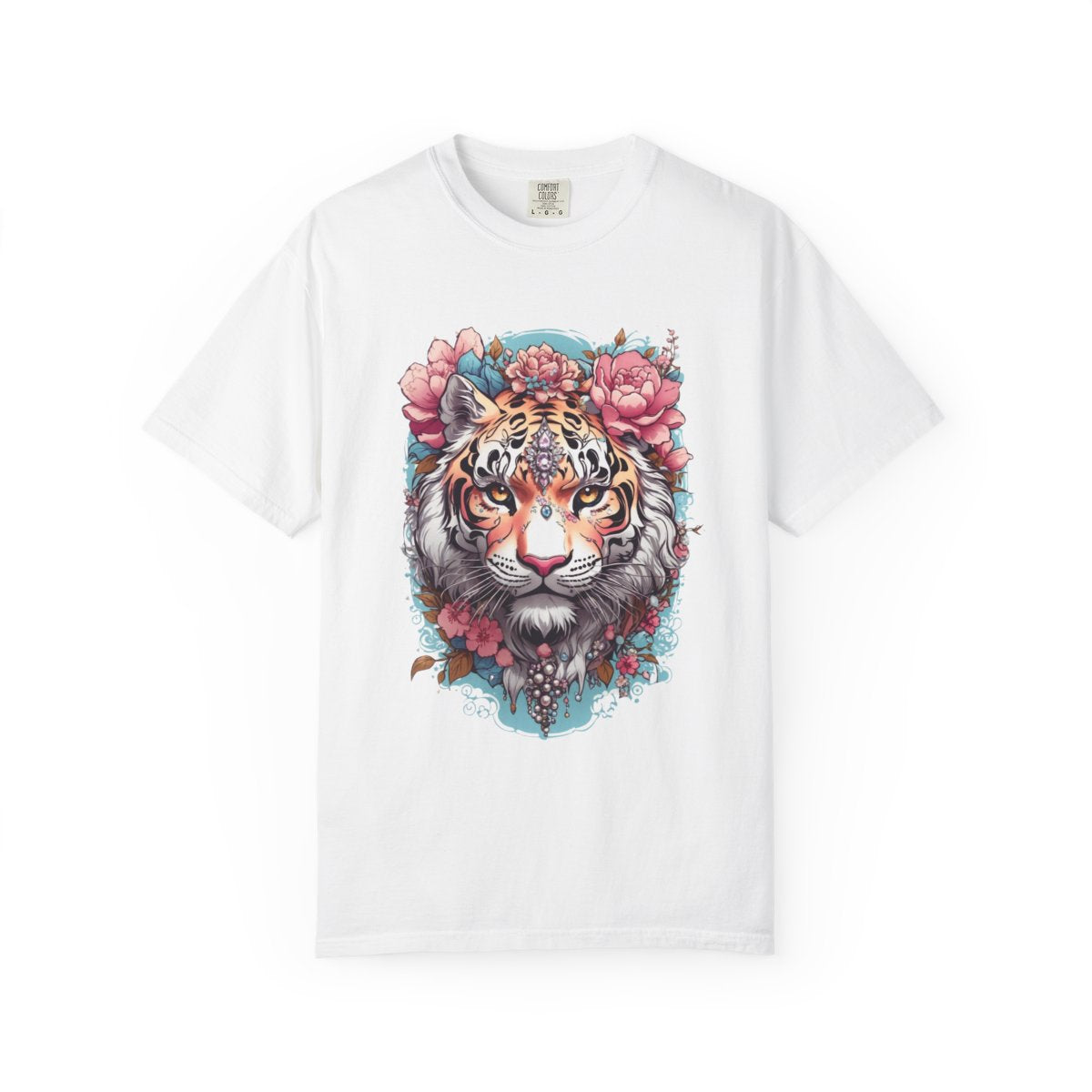 White t-shirt with a pastel colored tiger surrounded by flowers design on a white background