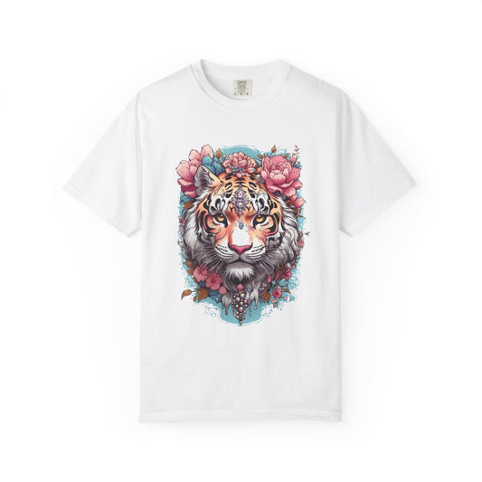 White t-shirt with a pastel colored tiger surrounded by flowers design on a white background