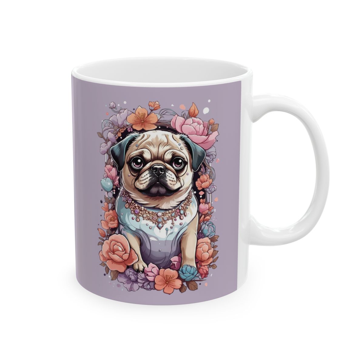 Mug with a kawaii style pug illustration wearing a necklace, surrounded by flowers on a light purple background